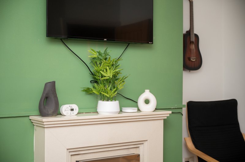 Living room with fireplace mantel, potted plant, decorative objects, wall-mounted TV and guitar