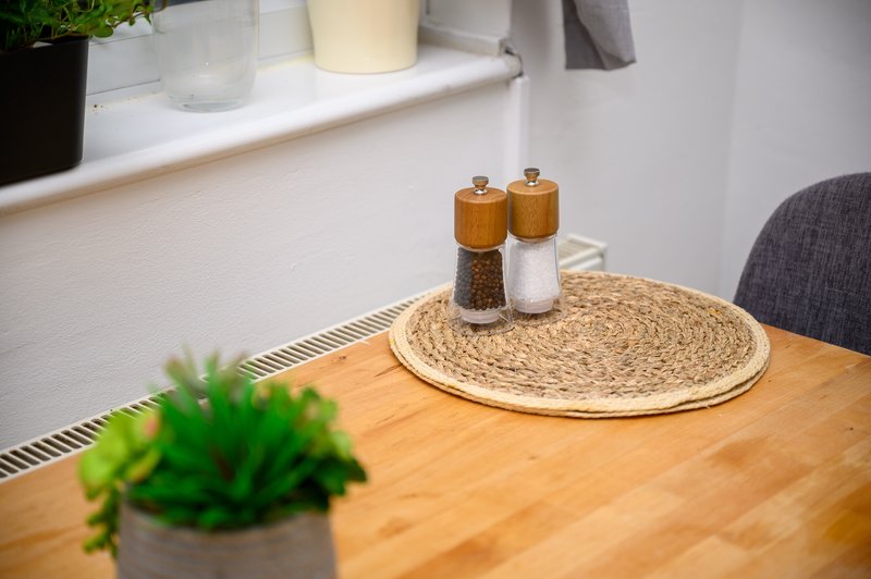 Wooden dining table with salt and pepper shakers, potted plants and woven placemat