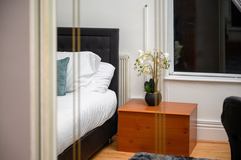 Bedroom with black-framed bed, white bedding, wooden side table with potted plant, hardwood floor.