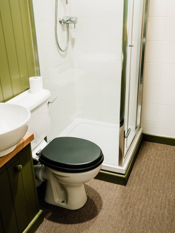 Compact bathroom with toilet, sink, shower enclosure and olive-green cabinetry