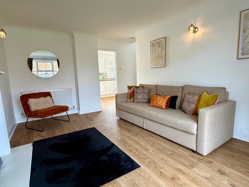Bright living room with beige sofa, red accent chair, dark rug and wooden flooring