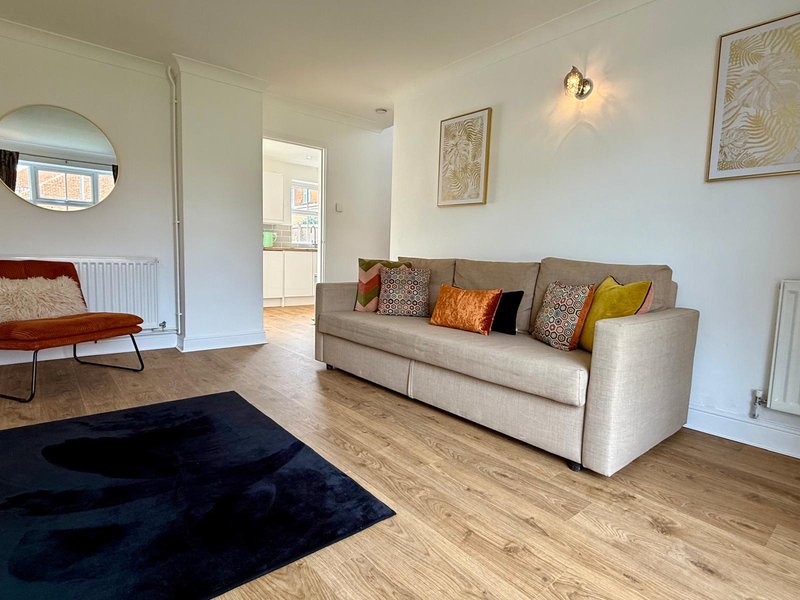 Bright living room with cream sofa, colorful cushions, dark blue rug and mid-century red chair