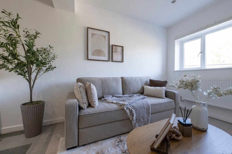 Bright living room with grey sofa, wooden coffee table, potted plant and framed wall art