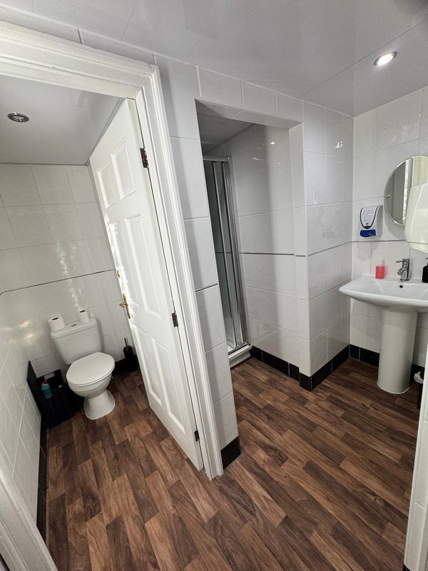Modern bathroom with toilet, pedestal sink, shower enclosure and wood-effect flooring