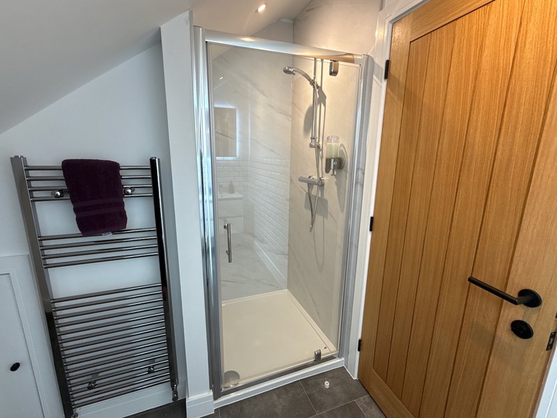 Modern bathroom with shower enclosure, heated towel rail and wooden door