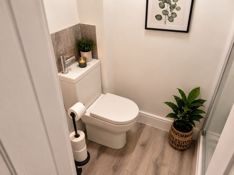 Small bathroom with toilet, sink, potted plants and framed wall art