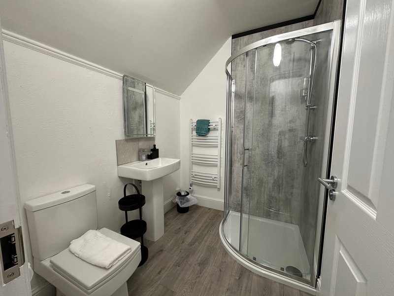 Modern bathroom with toilet, sink, mirror, shower enclosure and towel rail