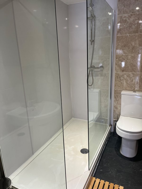 Modern bathroom with walk-in shower enclosure, toilet, and wooden bath mat
