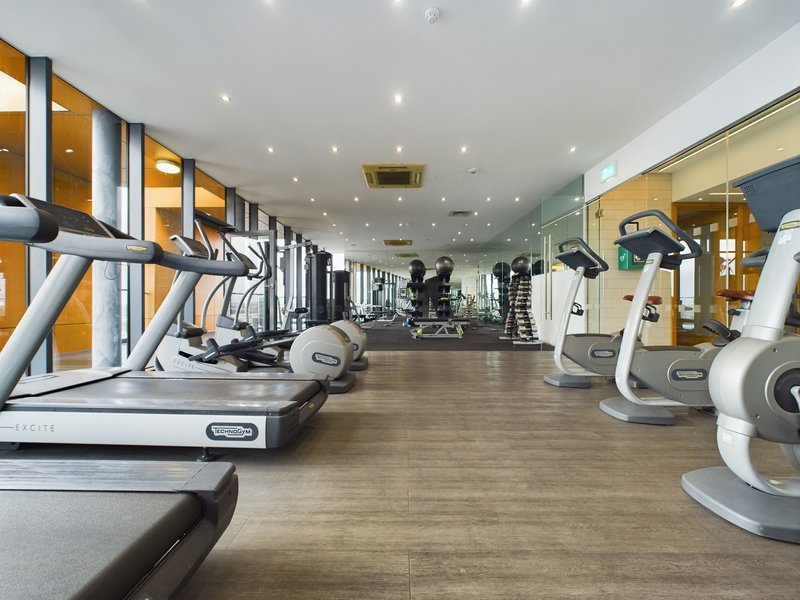 Modern gymnasium with multiple treadmills, exercise bikes, and fitness equipment along wooden flooring