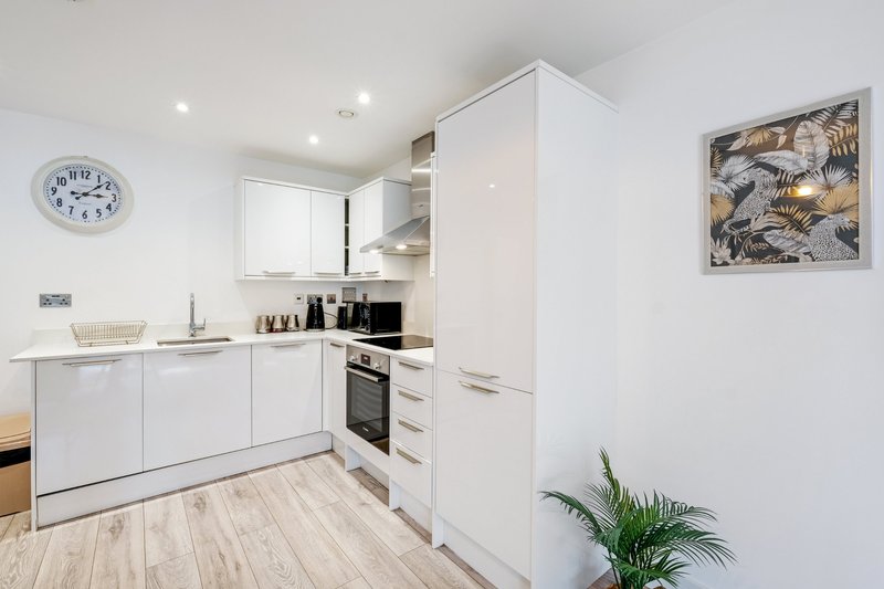 Modern white kitchen with built-in oven, wall clock, framed artwork and potted plant