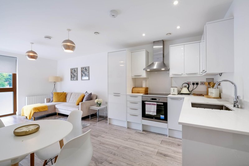 Open-plan kitchen and living area with white cabinetry, dining table, and sofa seating