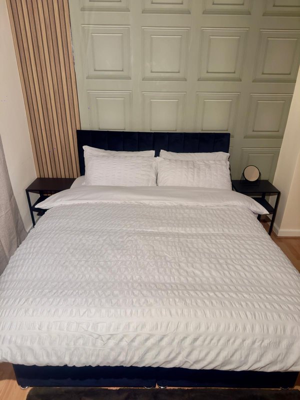 Bedroom with dark blue bed frame, white bedding, paneled wardrobe door, and curtains