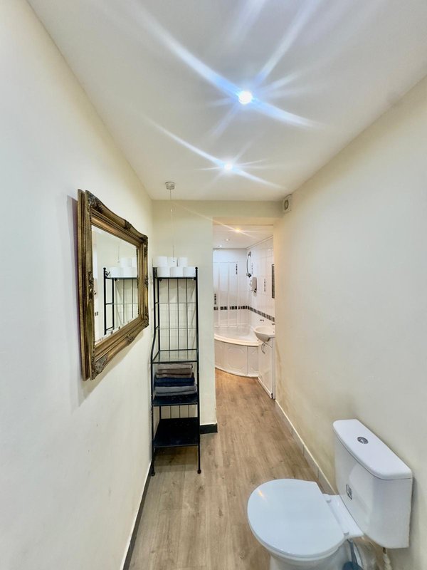 Narrow hallway with wooden flooring, framed mirror, white walls, and toilet visible on right side