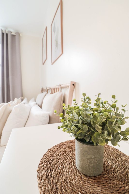 Bedroom with potted plant on woven placemat, white bedding, and minimalist wall decor