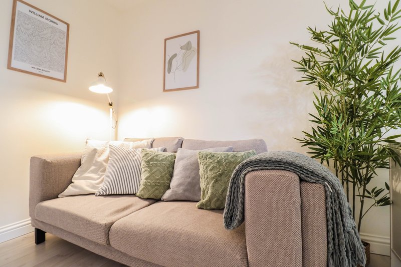 Modern living room with beige sofa, decorative pillows, throw blanket, potted plant and wall art