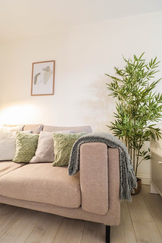 Beige sofa with green cushions, throw blanket, framed artwork, and potted plant in bright room