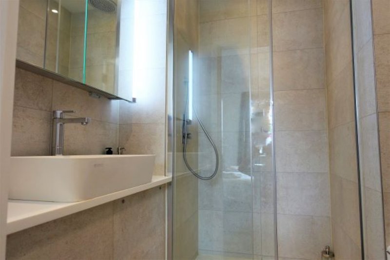 Modern bathroom with white sink, mirror, and glass-enclosed shower cubicle