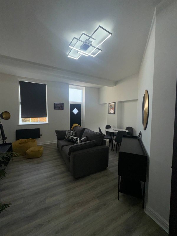 Modern living room with black furniture, wooden flooring, geometric ceiling light and window