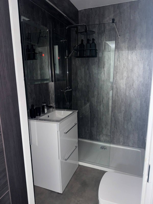 Modern bathroom with white vanity, grey tile walls, glass shower enclosure and toilet