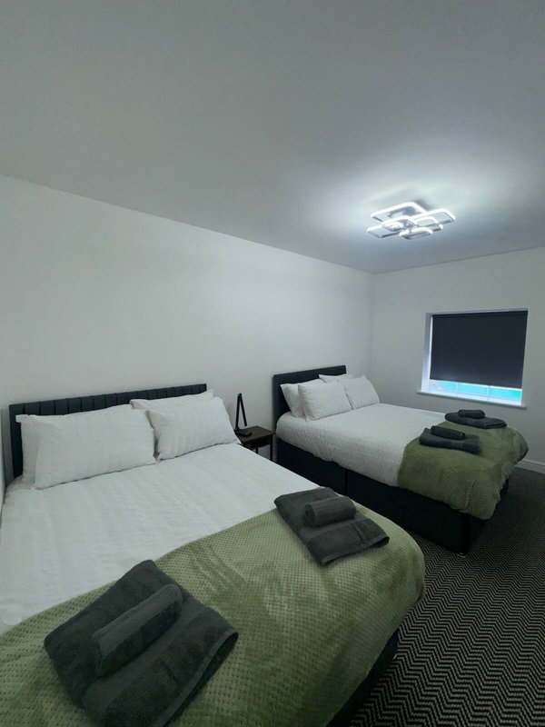 Bedroom with two single beds, white bedding, green throws, and ceiling light