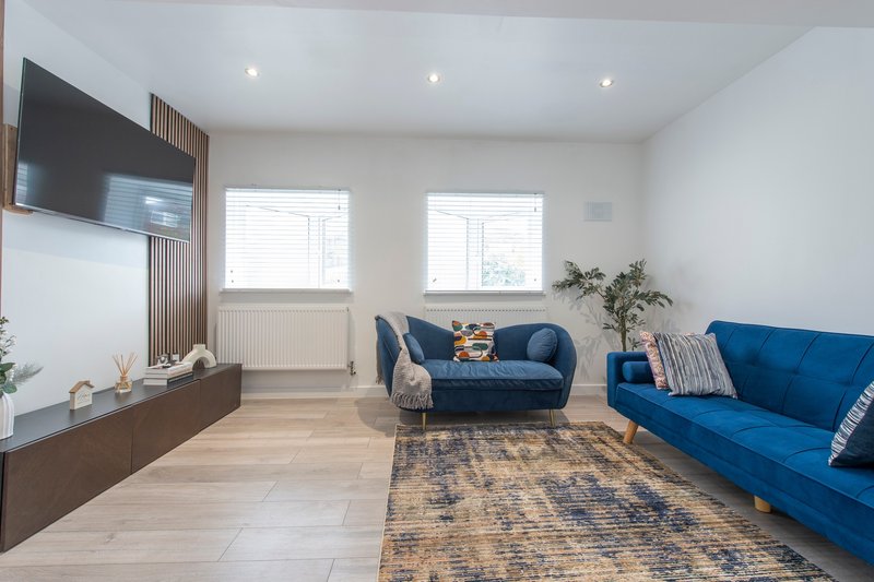 Modern living room with blue sofas, wooden TV unit, rug and bright windows