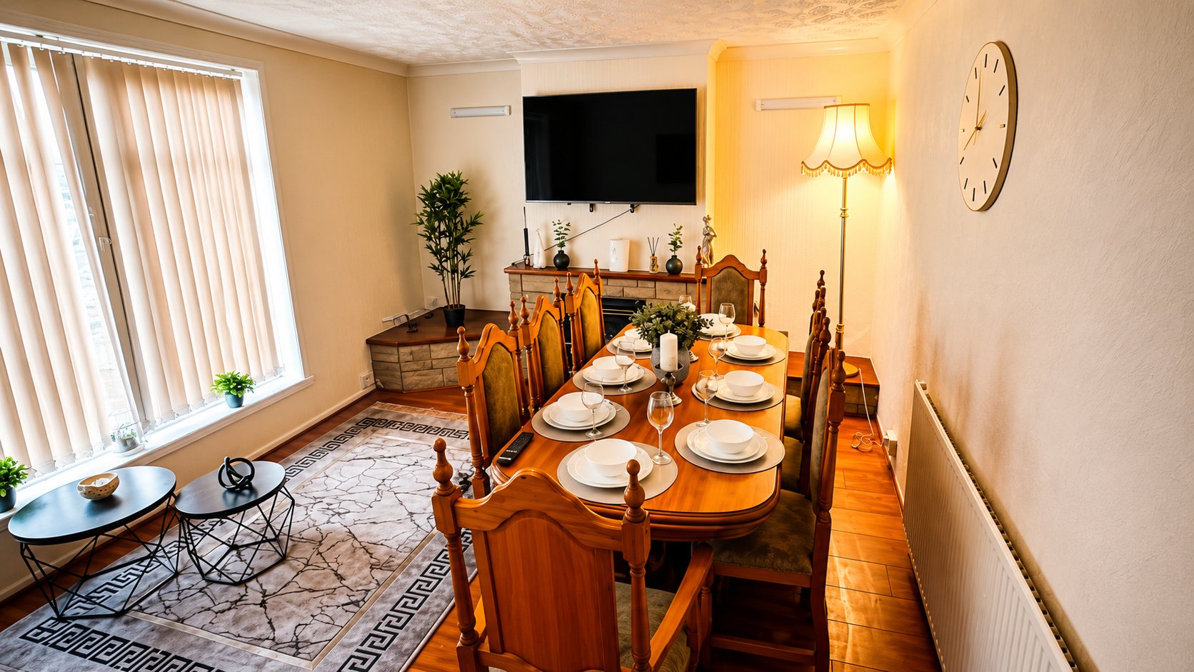 Dining room with wooden table, place settings, TV on wall, and window with blinds