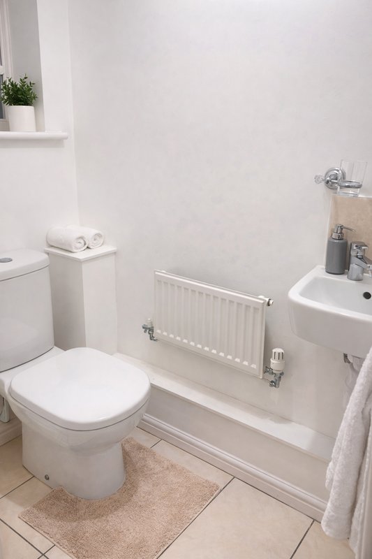 Clean modern bathroom with white toilet, sink, radiator and shower enclosure