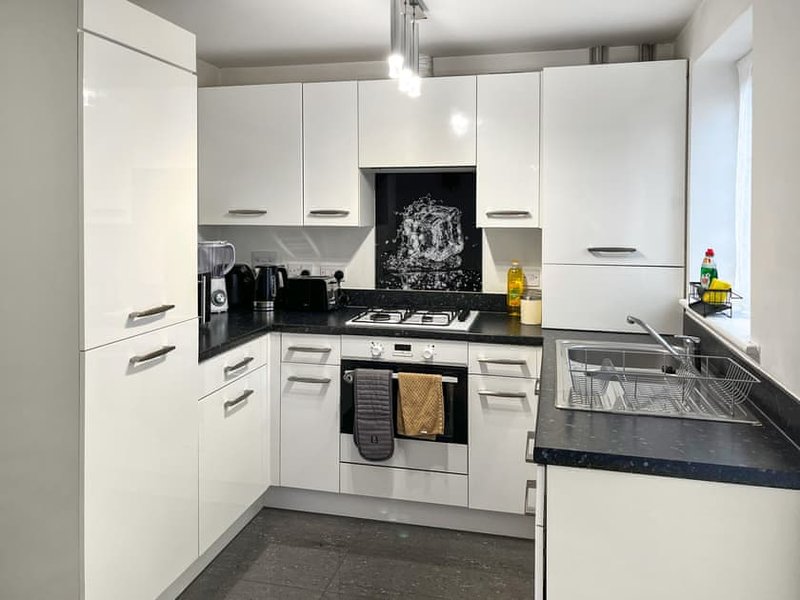 Modern white kitchen with black countertops, built-in oven, gas hob and stainless steel appliances