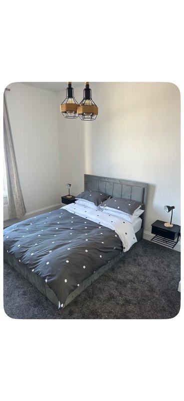 Bedroom with dark double bed, pendant lights, white wall and grey carpet