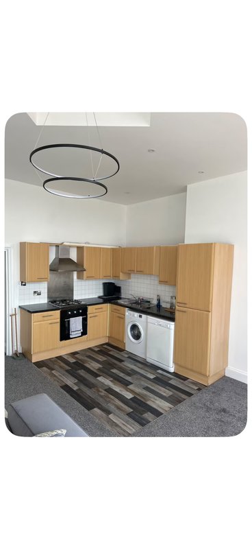 Modern kitchen with wooden cabinets, integrated appliances, and striped floor rug