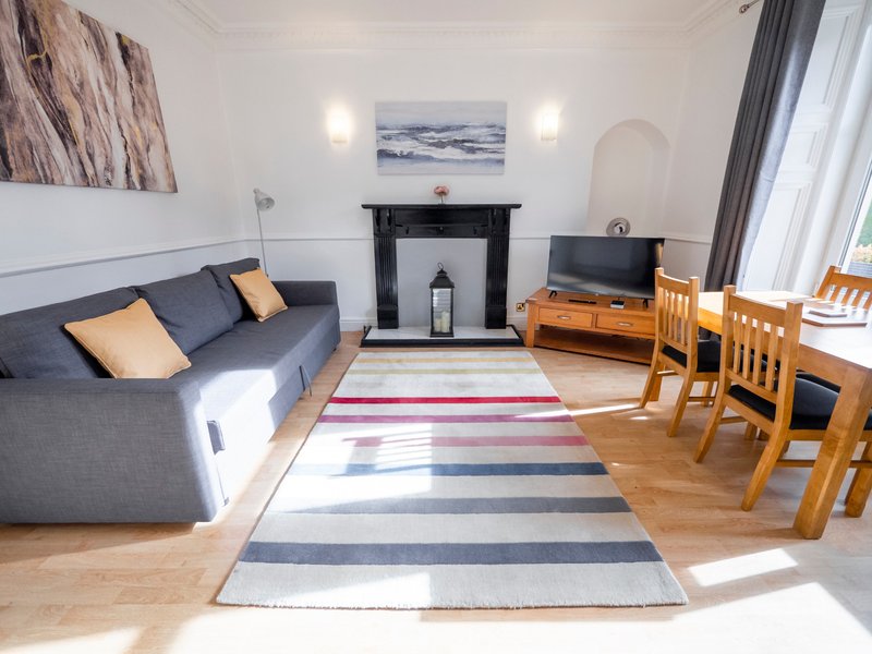 Bright living room with grey sofa, fireplace, wooden dining chairs and striped rug