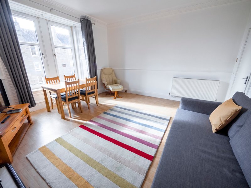 Bright living room with dining table, sofa, striped rug and large windows