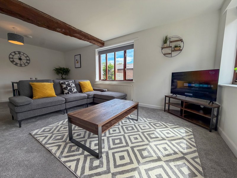 Modern living room with grey sofa, wooden coffee table, TV, and geometric patterned rug