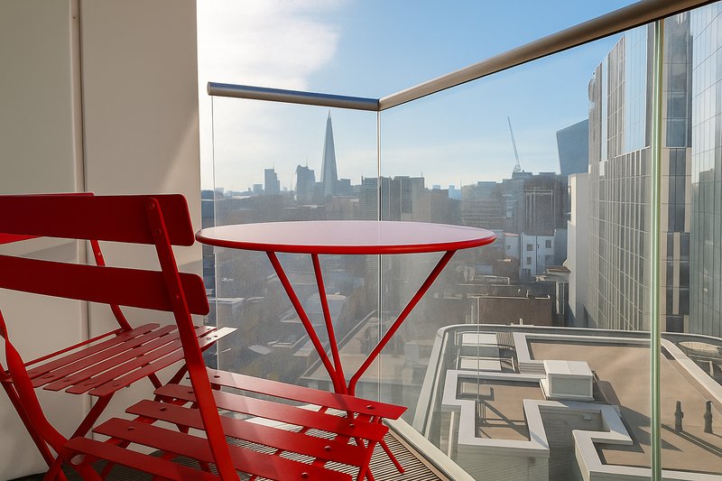 Modern balcony with red chair and table overlooking city skyline
