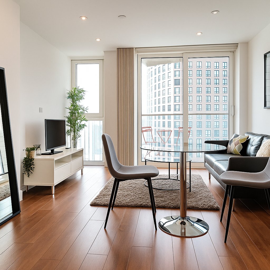 Modern studio apartment with wooden floors, desk, chair, sofa and city views
