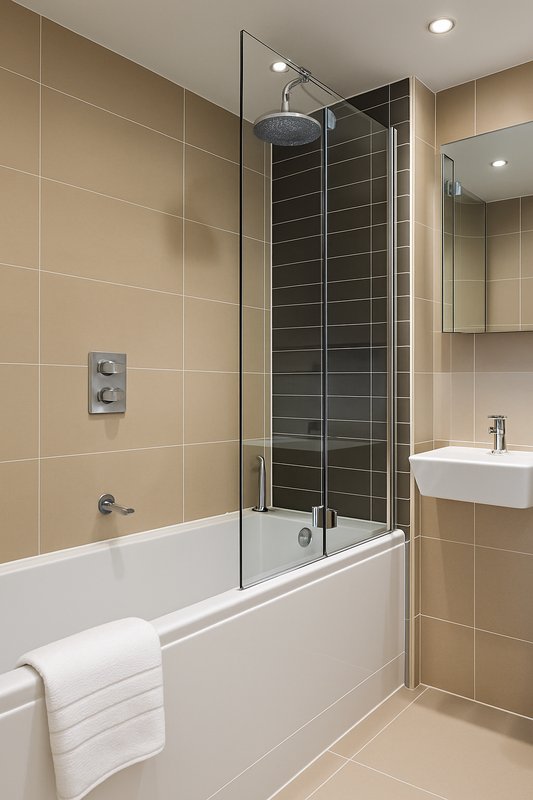 Modern bathroom with beige tile walls, bathtub with glass shower enclosure and white towel