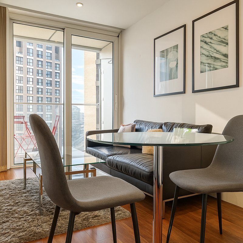 Modern dining area with round glass table, gray chairs, and floor-to-ceiling windows overlooking city
