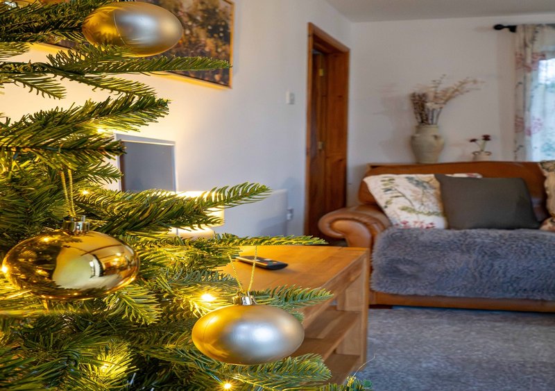Living room with decorated Christmas tree, wooden sofa with cushions and blankets visible in background