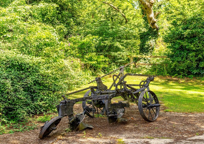 Garden with mature trees, lawn and vintage iron farm equipment sculpture
