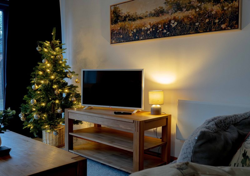 Living room with wooden TV stand, flat-screen TV, decorated Christmas tree, and grey sofa