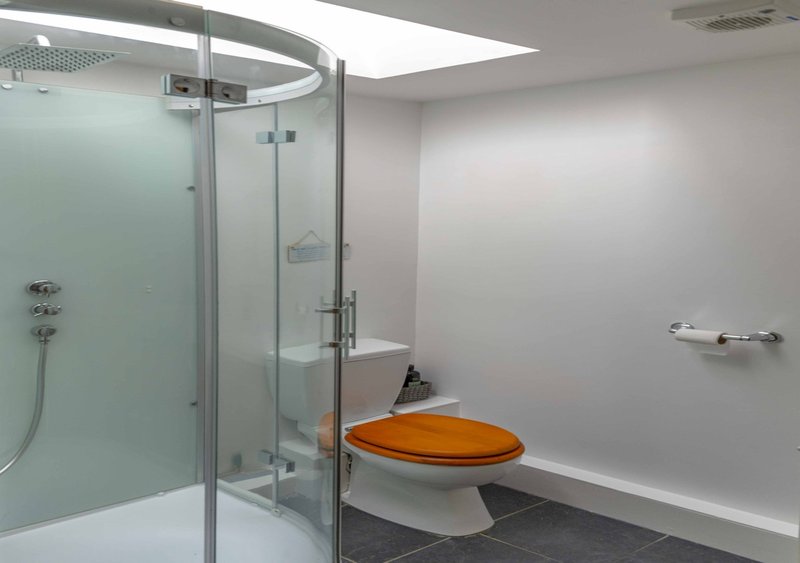 Modern bathroom with glass shower enclosure, orange toilet seat and white sink vanity