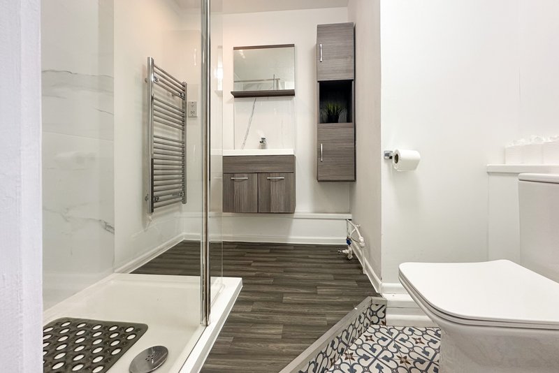 Modern bathroom with walk-in shower, vanity, toilet and dark wood-effect flooring
