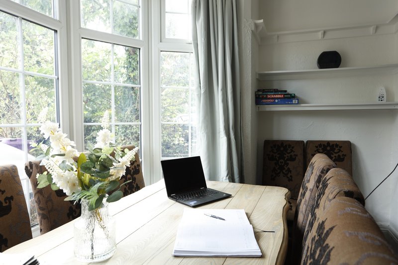 Large dining space with seating for up to 8 guests. The generous table also provides a useful spot for planning the day, working on a laptop or catching up.