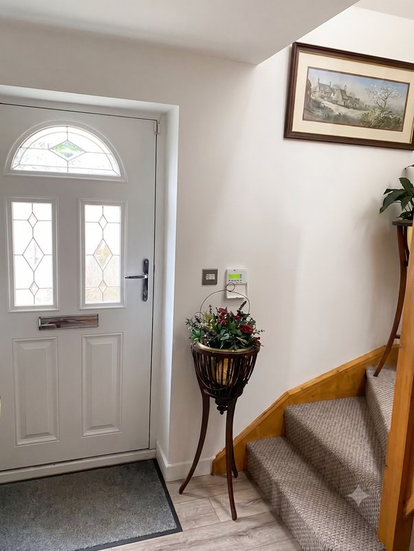 Hallway entry with white panelled door, hanging basket plant, framed artwork and wooden chair