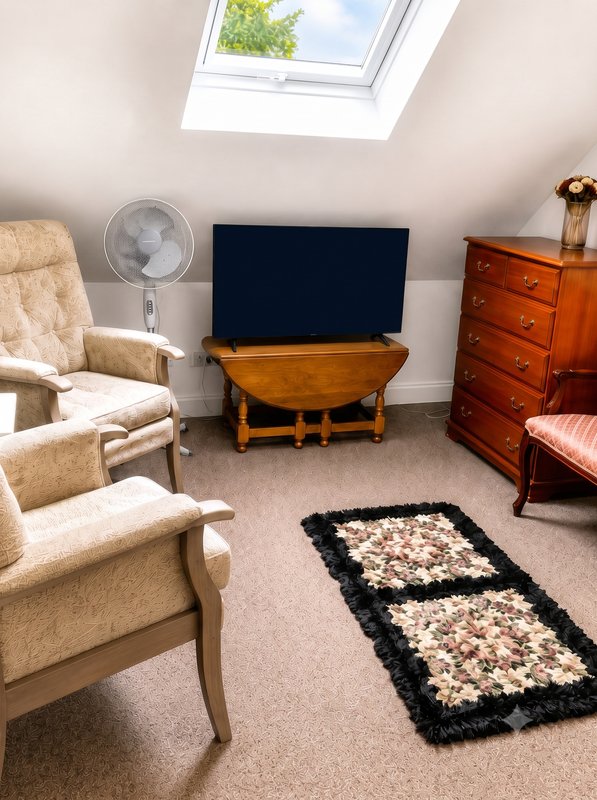 Attic bedroom with cream armchair, TV on wooden table, chest of drawers, and skylight window