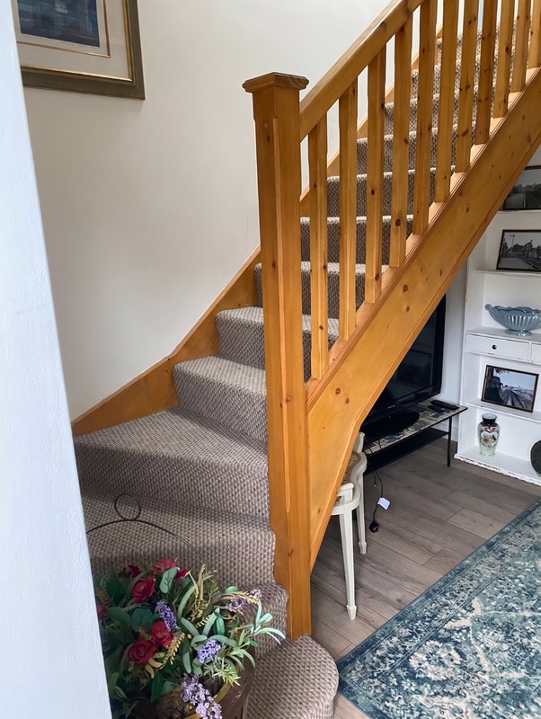Wooden staircase with carpet runner, potted flowers at base, and hallway below