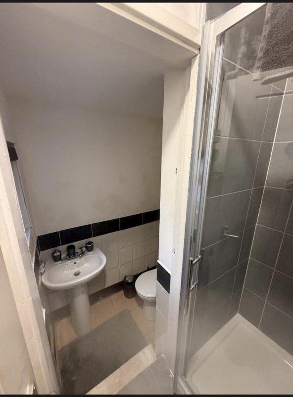 Bathroom with pedestal sink, toilet, and walk-in shower enclosure