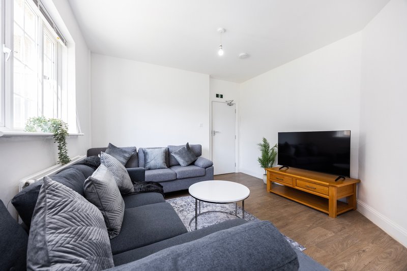 Modern living room with grey L-shaped sofa, coffee table, TV on wooden stand and potted plants
