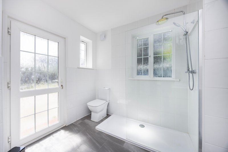 Modern bathroom with walk-in shower, toilet, and door to garden