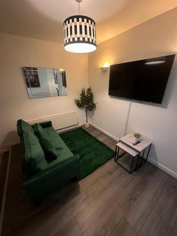 Modern living room with green sofa, wall-mounted TV, pendant light and wooden flooring